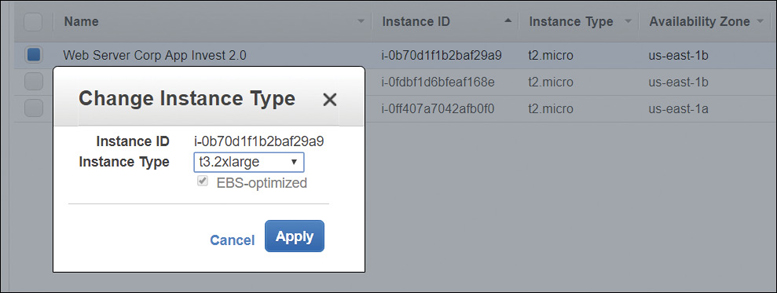 The change instance type popup window is displayed. Two fields: instance ID and instance type (selectable using a drop-down list) are present. The apply button at the bottom is selected.