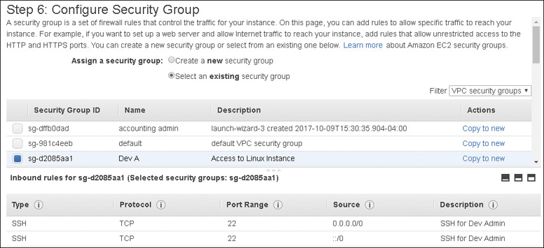 A screenshot shows the configuration of security group.