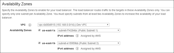 A screenshot of the settings for availability zones is shown. The main section shows the description for the availability zones. VPC is selected, the two availability zones (us-east-1a and us-east-1b) are selected.