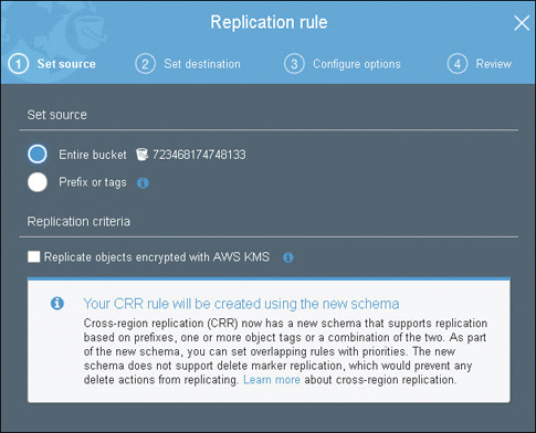 A screenshot shows the set source window of replication rule. Source is set to entire bucket. Replication criteria and a description about it is shown in the bottom panel.