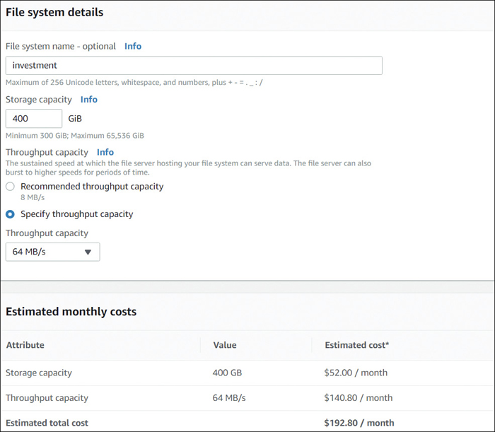File system details with monthly cost estimation.