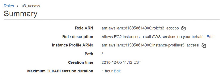 A screenshot shows the summary screen. The information such as, Role ARN, role description, instance profile ARNs, path, creation time, and Maximum CLI/API session duration are shown in the screen.