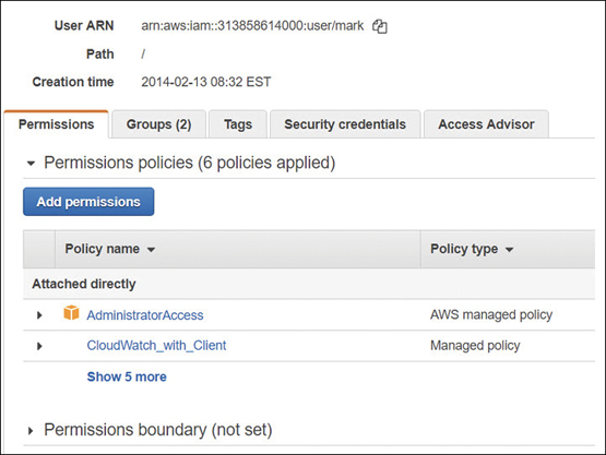A screenshot shows the permissions tab in a user account. The panel shows the list of policy names with their policy type. Permissions can be added.