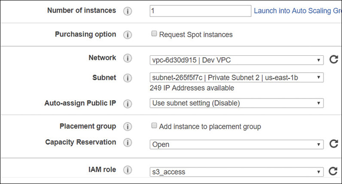 Screenshot of options to add IAM role.