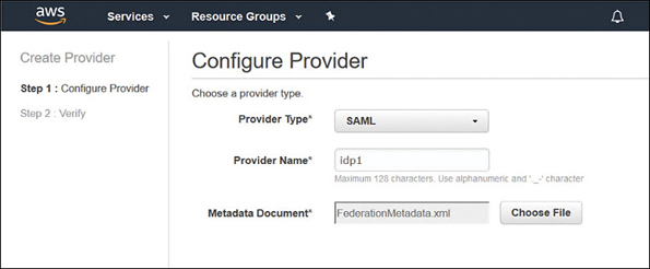 A figure shows the provider configuration page (step 1). Provider type is selected and provider name is entered. Metadata document is uploaded.