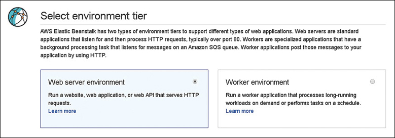 Installation options are shown. A description about the selection of environment tier is shown. The options are, web server environment (selected) and worker environment.