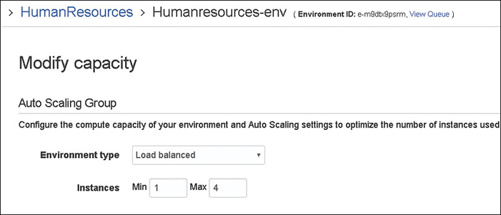 Modification of capacity options is shown in Elastic Beanstalk application. The screen shows the selection of environment type and the number of instances are entered (here, minimum-1; maximum-4).