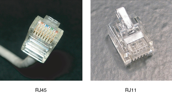 Photograph of RJ45 and RJ11 plugs.