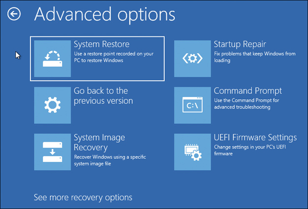 The windows 10 advanced options screen is displayed with the following options: system restore, startup repair, go back to the previous version, command prompt, system image recovery, and UEFI firmware settings.