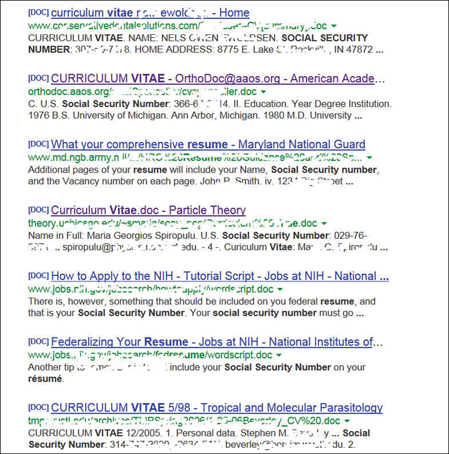 A screenshot of Google hacking social security numbers is shown. The page showing the server results along with their exposed directories that have been surfed from the same browser.
