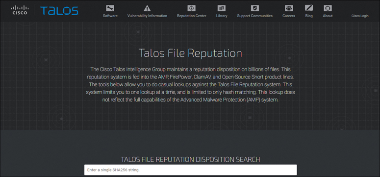 A screenshot shows the home page of Cisco Talos File Reputation tool. The page contains followings icons: software, vulnerability information, reputation center, library, support communities, careers, blog, and about.