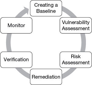 A figure shows the main steps of the vulnerability assessment life cycle. The steps are as follows: Creating a Baseline, Vulnerability Assessment, Risk Assessment, Remediation, Verification, and monitor.