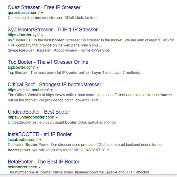 A screenshot shows some of the booter sites and their web address used for Denial of Service.