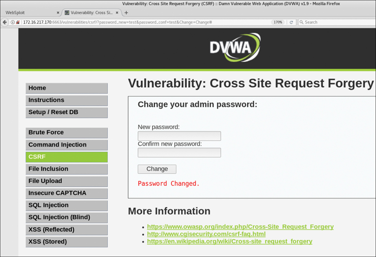 A screenshot of Damn Vulnerable Web Application is shown selected with CSRF option. The window has two textboxes for entering the new password and confirming the new password, a button labeled change, and more information links.