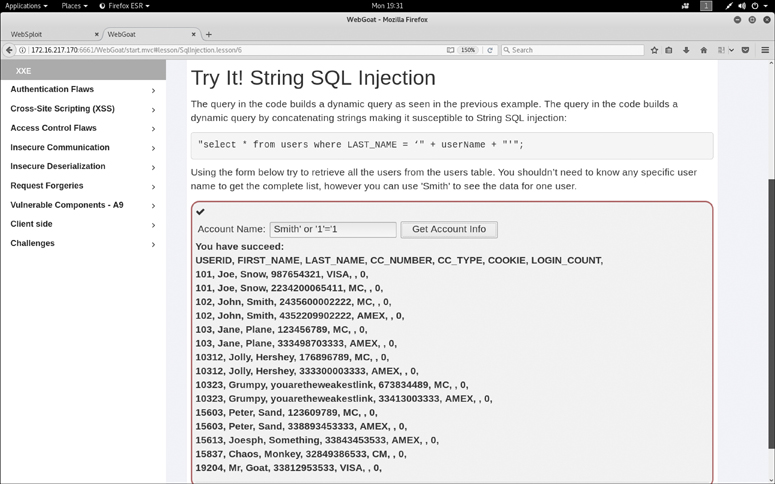 A screenshot depicts WebGoat vulnerable application window.