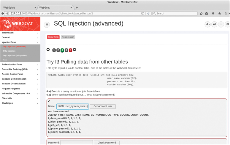 A screenshot shows WebGoat vulnerable application with SQL injection (advanced) option being selected. The corresponding query and its output are displayed on the right pane.