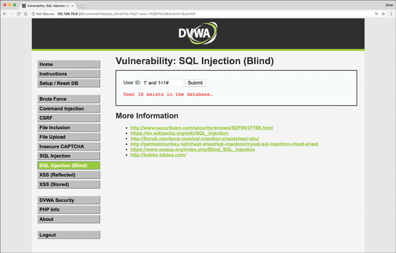 A screenshot of Damn Vulnerable Web Application is shown selected with SQL injection (Blind) option. The window has a user ID text box, submit button, and more information.
