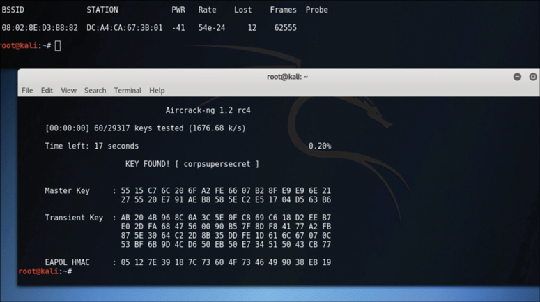 A terminal window shows the cracking of WPA PSK using aircrack-ng command.