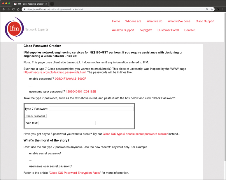 A screenshot shows IFMnetwork experts webpage displaying cisco password cracker details. The webpage shows a text box for entering the type 7 password, a button labeled crack password, and a text box for entering the plain text.