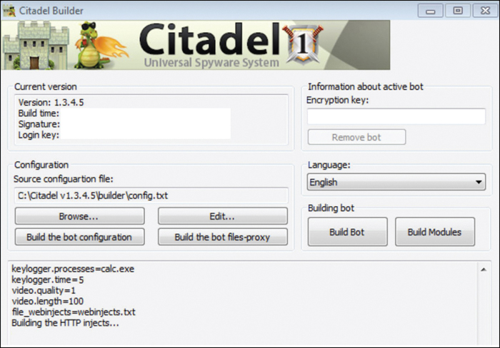 A screenshot depicts the creation of citadel bot with the builder. The screen comprises six sections, indicating the information about the current version, active bot encryption key, configuration, language, building bot, and coding.
