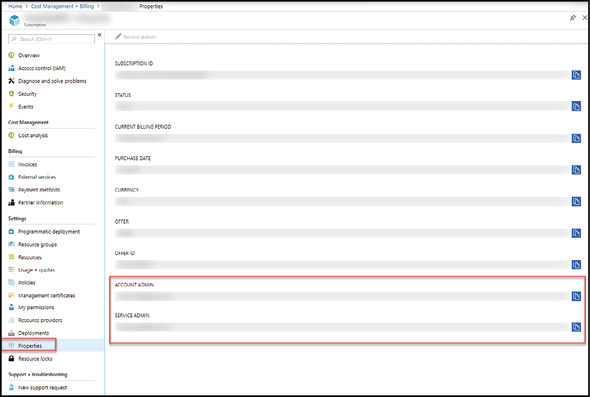 A screen shot of the Azure Portal showing the Properties blade for an Azure subscription with the Account Admin and Service Admin fields called out in a red box.