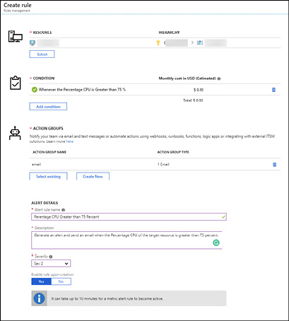 A screen shot of the Azure Portal showing the Create rule from for creating a new Azure Monitor alert rule.