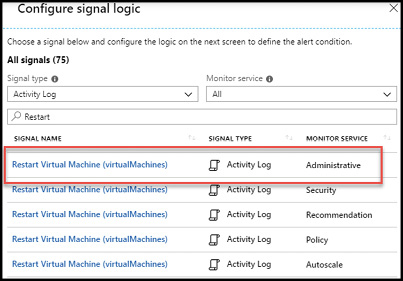 A screen shot of the Azure Portal showing the Configure signal logic blade from for creating a new Azure Monitor alert rule.