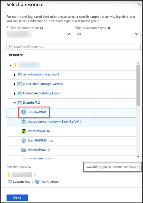 A screen shot of the Azure Portal showing the resource selection blade when creating a new alert. A virtual machine resource and the Available signals for the resource are highlighted.