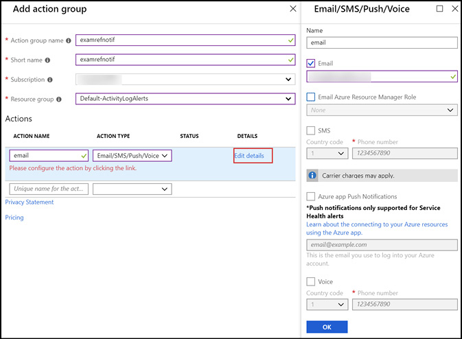 A screen shot of the Azure Portal showing the Add action group blade and the configuration of an Email/SMS/Push/Voice action.