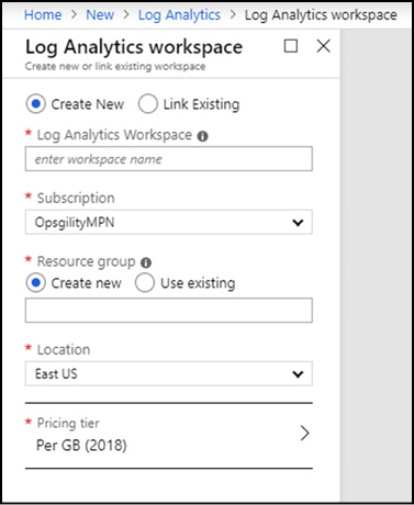 A screen shot of the Azure Portal showing the creation of a new Log Analytics workspace.