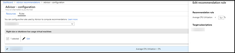 A screen shot the Azure Portal showing the CPU utilization rule for a subscription being edited in Azure Advisor.