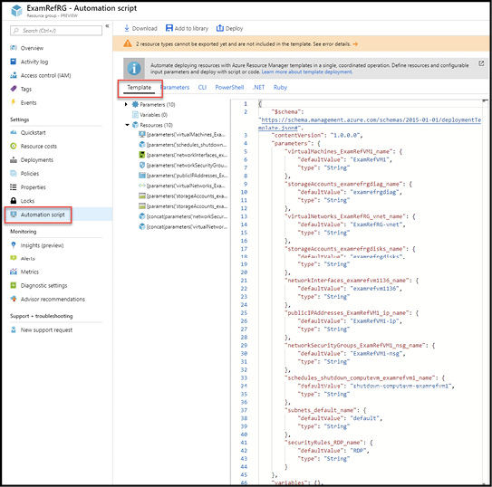 A screen shot of the Azure Portal showing the Automation script blade for a resource group. The blade is highlighted and the Template tab in the open blade is highlighted.