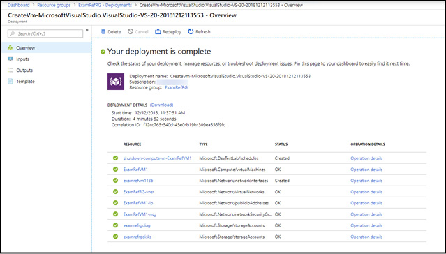 A screen shot of the Azure Portal showing the Overview blade for a deployment to an Azure resource group.