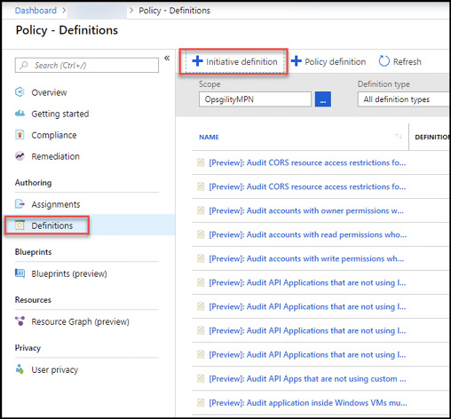 A screen shot of the Azure Portal showing the Definitions blade of the Azure Policy service with the +Initiative definition button highlighted.