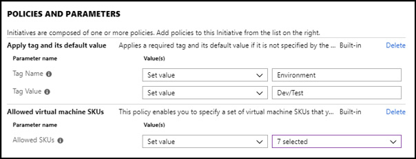 A screen shot of the Azure Portal showing the creation of a new initiative definition with the built-in policies and parameters configured.