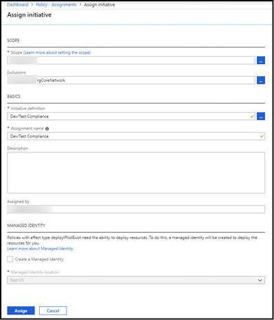 A screen shot of the Azure Portal showing creation of a new initiative assignment.