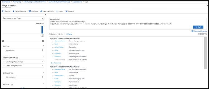 This screen shot shows the Azure Activity Log Analytics solution after filtering on the Microsoft.Storage resource provider. In the screen you can see several events such as Delete Storage Account and List Storage Account Keys.