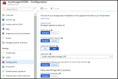 This screen shot shows the Azure Storage Account configuration blade. The settings for Performance, Secure transfer required, Access tier, replication, Azure AD Authentication, and Data Lake Storage Gen2 (preview) are displayed.