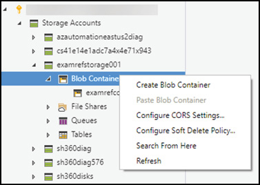 A screen shot shows Azure Storage Explorer being used to create a new blob container.