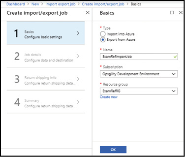 A screen shot that shows the Create Import/Export Job blade from the Azure portal. The Export from Azure option is selected.
