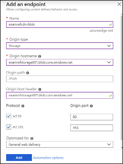 Using the Azure portal to create a new CDN endpoint