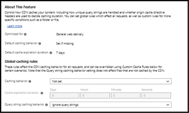 A screen shot that shows the options for setting custom caching behaviors for the Standard Verizon CDN endpoint.