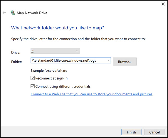 A screen shot shows the Map Network Drive dialog to an Azure File Share.