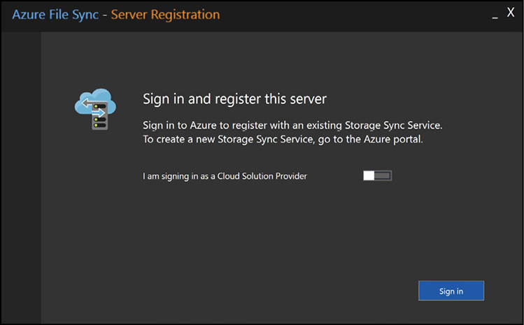 A screen shot that shows the sign in dialog for the Azure Storage Sync agent.