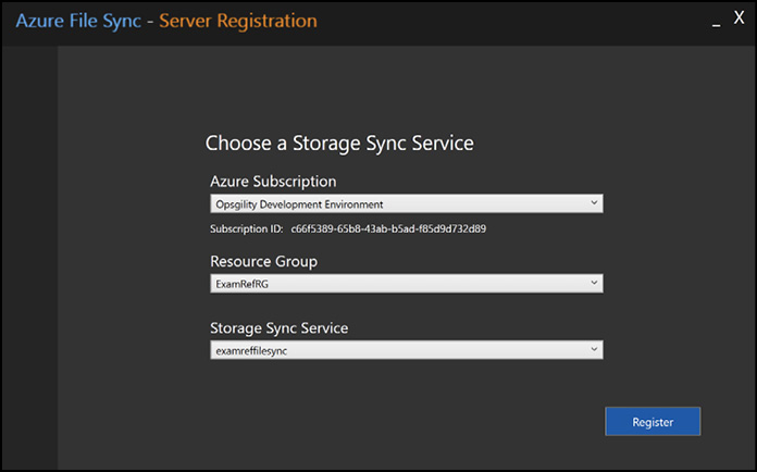 A screen shot that shows the registration with the Storage Sync Service.