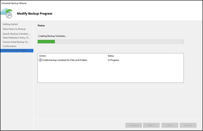 A screen shot shows the Backup Now Wizard showing the progress of an ad-hock backup.