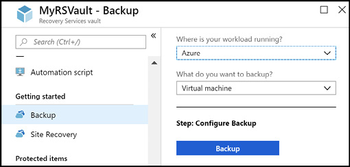 A screen shot shows the Recovery Services vault properties where backup is configured, with Azure virtual machines selected.
