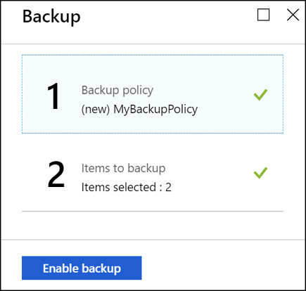 A screen shot shows how to enable VM backups within the recovery services vault, after selecting the VMs to protect.