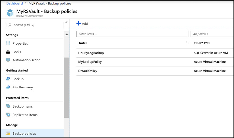 A screen shot from the Azure portal shows the backup policies in a recovery services vault. There are 3 policies listed, and a button to add a new policy.