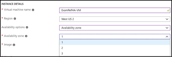 A screen shot shows specifying the availability zone for a VM in the Azure portal.